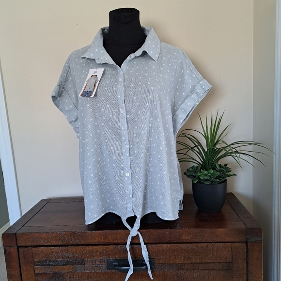 ❤️ NWT Jachs Girlfriend Short Sleeved Linen Blend Blouse Large Polka-dot Top - Picture 1 of 13